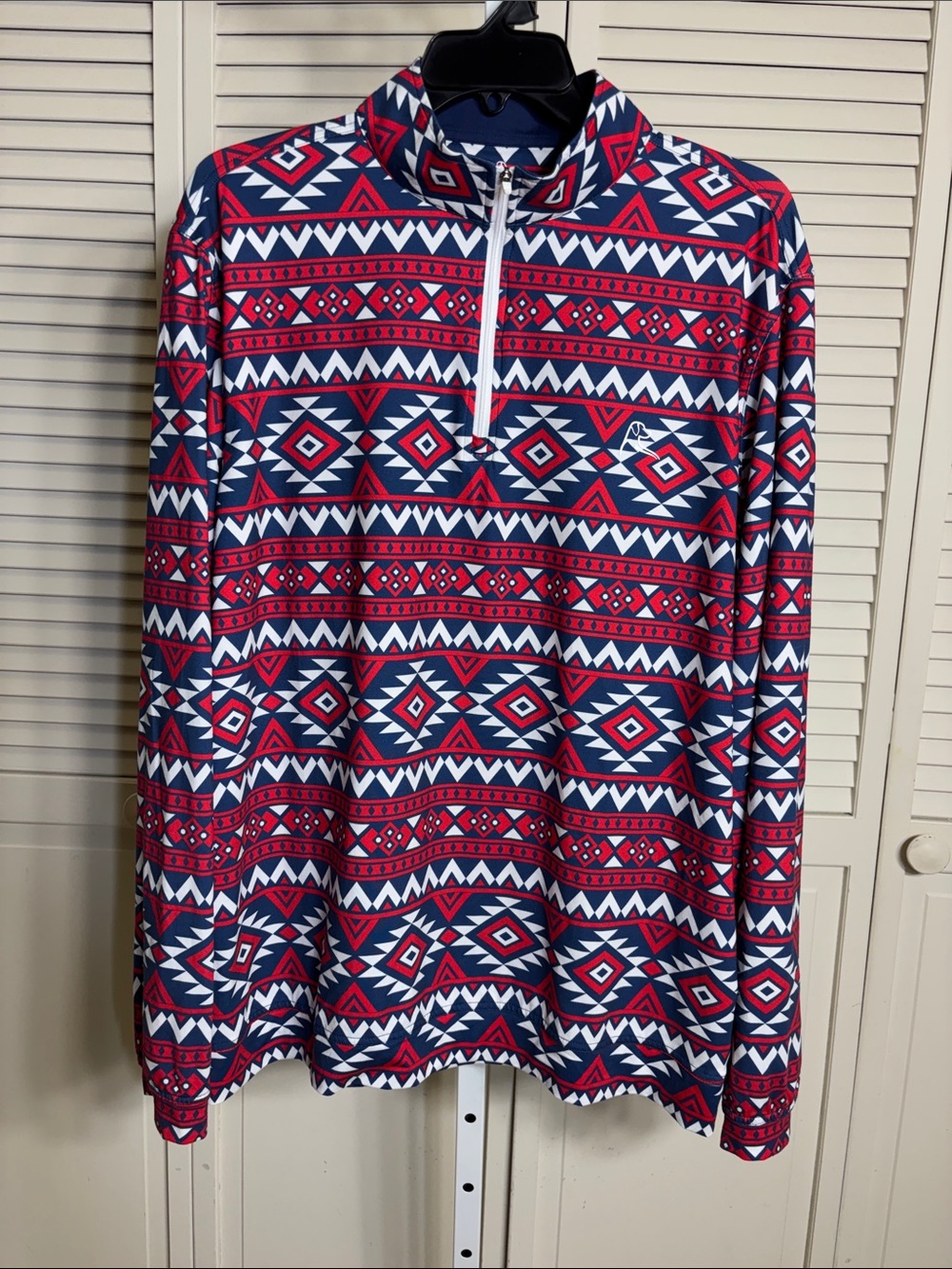 Rhoback Performance Red, Navy & White Aztec Pattern Quarter-Zip Pullover Large
